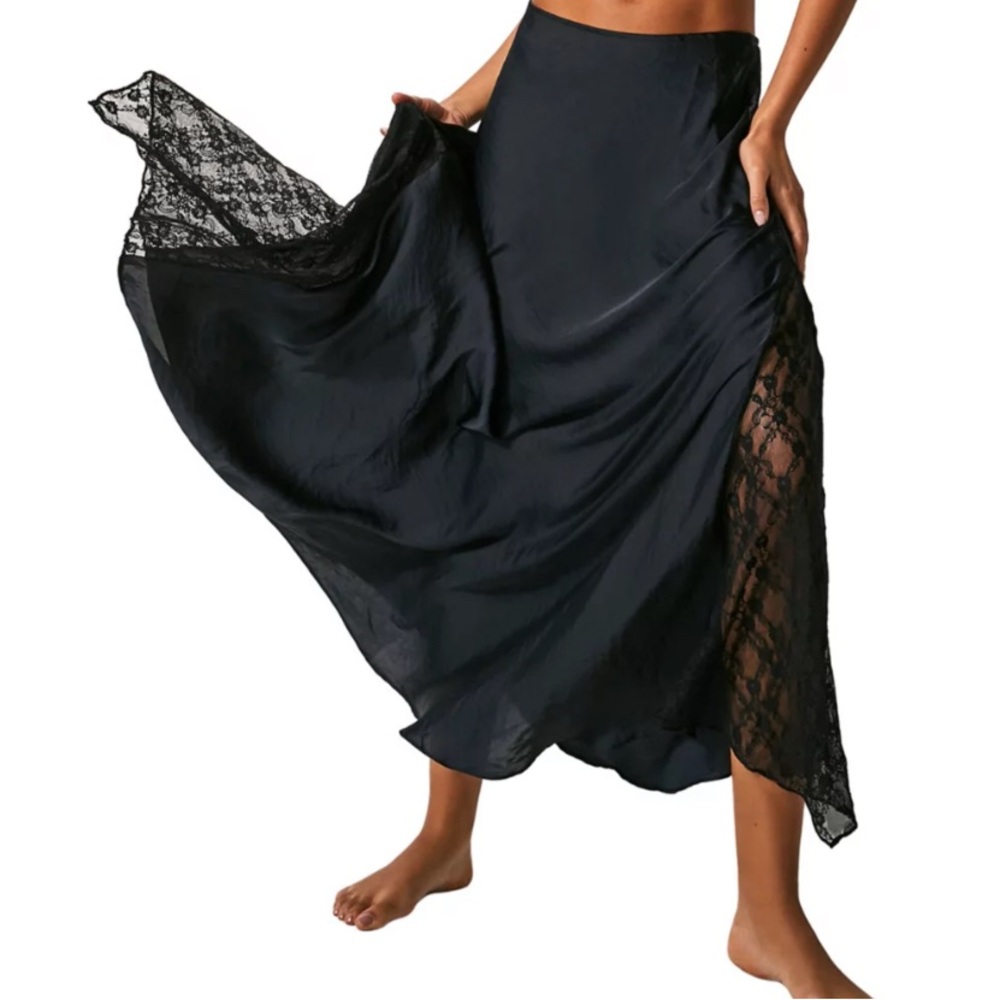 Free People Black Lace Trim Maxi Skirt